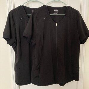Lot of 2 Black Cherokee Infinity Zip Front Round Neck Solid Scrub Tops Size XL